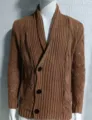 Men's Brown Knit Cardigan Sweater Solid Color Long Sleeve Shawl Collar Autumn Winter Style - Brown