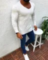 Herren Slim Fit Langarm Strickpullover in Weiss, Klassischer V-Ausschnitt Pullover Top - S / Weiß