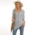 Women's Grey Hooded Lace-Up Knit Sweater, Stylish Casual Long Sleeve Pullover Variant - S / Gray