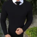 Herren einfarbiger Rundhalsausschnitt langarm Pullover Strickpullover, casual Herbst Winter Top. - M / Schwarz