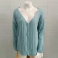 Donna cardigan in maglia traforata scollo V azzurro chiaro pullover elegante maniche lunghe - Azzurro