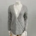 Grey hollow knit sweater detail, V-neck wrap front design, long sleeves, casual style. - S / Gray