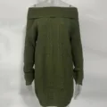 Detailed view of the dark green off-shoulder cable knit sweater dress, comfortable fit. - S / Army Green