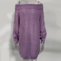 Purple off-shoulder knitted sweater for women, classic cable knit design for cozy autumn wear. - Purple
