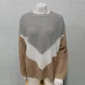 Detailed view of the colorblock knit sweater featuring a chevron pattern, long drop shoulders. - S / Khaki