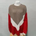 Contrast color knit sweater featuring a dropped shoulder design and chic V-stripe pattern. - S / Red