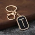 Gold rhinestone letter T keychain metal car key ring backpack pendant stylish accessory chic gift - Letter T