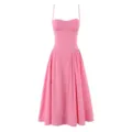 Detailed view of the elegant pink spaghetti strap midi dress with corset bodice and flare. - S / Dresses / Rose Red