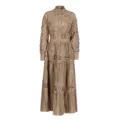 Detailed view of the khaki lace embroidered hollow-out lapel shirt and drawstring skirt set. - S / Top And Bottom / Coffee
