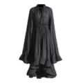 Robe longue grise foncée vintage française style cape, volants plissés et design cintrée à la taille. - S / Robes / Noir