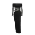 Sexy elegant black off-shoulder long sleeve mesh patchwork bodycon long dress variant - S / Black