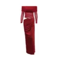 Sexy red off-shoulder mesh long sleeve ruched maxi dress, elegant bodycon party gown. - S / Burgundy