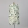 Light cyan bird print ruffles detail view of the vintage forest style long sleeve dress. - S / White