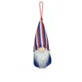 Detail view of patriotic gnome ornament with red white blue striped hat and fluffy white beard. - Striped Style