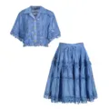 Blue retro lace embroidery short sleeve blouse and tiered midi skirt two-piece set summer. - S / Set / Blue