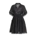 Black lace lapel short sleeve dress vintage floral embroidery tiered summer mini dress set - S / Set / Black