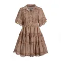Retro lace short sleeve dress with lapel collar, drawstring waist, and tiered skirt. - S / Set / Khaki