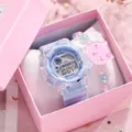 Orologio digitale trasparente e grazioso braccialetto gatto dettaglio in confezione regalo rosa - Set Orologio Sportivo Trasparente / Blu