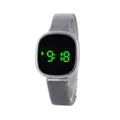 Detailed view of LED electronic digital watch with sleek metal mesh strap and green time display. - Round LED Digital Watch (WG02) / Silver