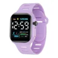 Purple silicone digital watch detail view showing clear LED screen display and strap texture. - Purple