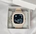 Beige square digital watch set with trendy metal chain bracelet in elegant white gift box - Apricot