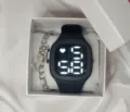 Black LED digital electronic watch with silver chain bracelet gift box variant style - Dark Gray