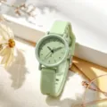 Simple light green silicone strap quartz watch for women, stylish student wristwatch detail. - Green