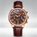 WOKAI Herren Quarzuhr Business Freizeit Braunes Lederarmband Chronograph Armbanduhr - Roségold