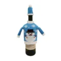 Detailed close-up of blue knitted Christmas wine bottle cover with cute snowman design. - Snowman