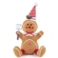 Close-up detail of cute Christmas gingerbread man plush toy wearing striped hat and spatula. - Pointed Hat Style