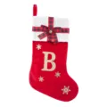 Large red Christmas stocking with buffalo plaid bow, bell and glitter letter B for tree decor. - Red Letter B