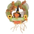 Halloween gnome wreath with orange beard, plaid bows, sunflowers and welcome sign. - Faceless Doll Wreath