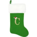 Grüner Samt-Weihnachtsstrumpf mit weißem Plüschrand und goldenem Buchstaben C. - Buchstabe C / Grün