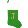 Grüner Samt Weihnachtsstrumpf mit weißer Plüschmanschette und Glitzer Buchstabe J mit Mütze. - Buchstabe J / Grün