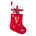 Large Christmas stocking red velvet white knit buffalo plaid bow letter V holiday decor - Red Letter V