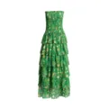 Vestido largo verde con estampado floral sin tirantes y volantes, estilo veraniego dulce. - S / Verde