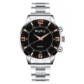 Close-up detail of the quartz watch with stylish alloy steel strap and clear dial markers. - Silver Case Black Dial