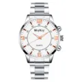 Close-up view of McyKcy quartz watch showcasing the silver alloy steel strap and white dial. - Silver Case White Dial