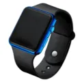 Close-up detail of the stylish rectangular LED electronic watch with blue metallic case. - Blue Case Black Strap