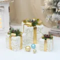 Christmas decorative plush gift boxes set with gold ribbons and pine cones for holiday decor. - Flocked Gold Stamped Gift Box 3-Piece Set (Without Light)