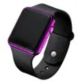 Close-up detail of the stylish square LED digital electronic watch with vibrant purple case. - Purple Case Black Strap