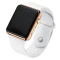 Square LED digital watch with rose gold case and white silicone strap detail shot - Champagne Gold Case White Strap