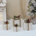 Ensemble de boîtes cadeaux de Noël ornements décoratifs tissés blancs nœuds de jute baies - Coffret Cadeau Rotin Blanc Maille 4 Pièces (Sans Lumière)
