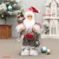 Standing Santa Claus Christmas doll decoration, festive home decor figurine with gift bag and lantern. - Gray Red Faux Fur Style (D-303362)