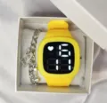 Yellow digital watch and silver bracelet set in gift box, stylish student electronic watch. - Yellow