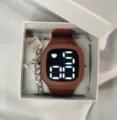 Brown square digital watch set with silver chain bracelet in a white gift box for daily wear. - Coffee