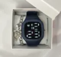 Dark blue digital watch set with metal chain bracelet and gift box for daily wear - Black