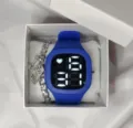 Blue LED digital watch and silver chain bracelet gift set, stylish sports timepiece for daily wear. - Blue