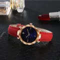 Damen Sternenhimmel Quarzuhr Rotes Lederarmband Roségold Lünette Modische Armbanduhr - Rot Blaues Gesicht