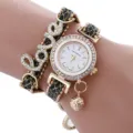 Montre quartz bracelet femme style wrap mode avec design cristal LOVE et bracelet en cuir - Noir